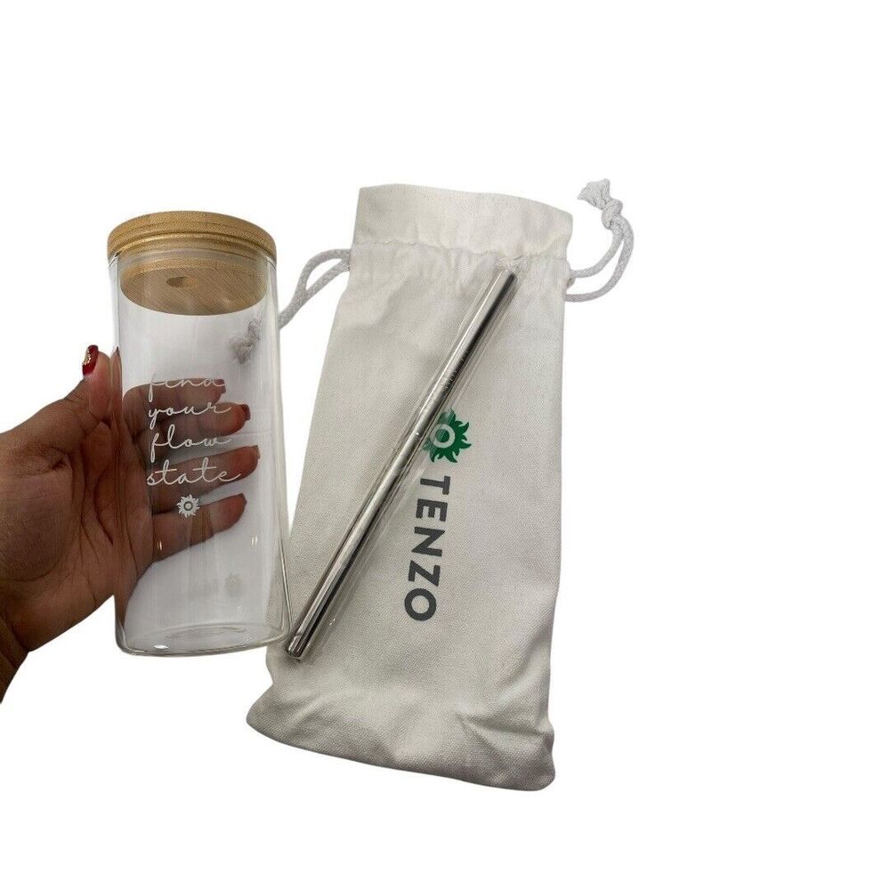 Tenzo Glass Tumbler with Bamboo Lid Stainless Steel Straw Find Your Flow‎ State